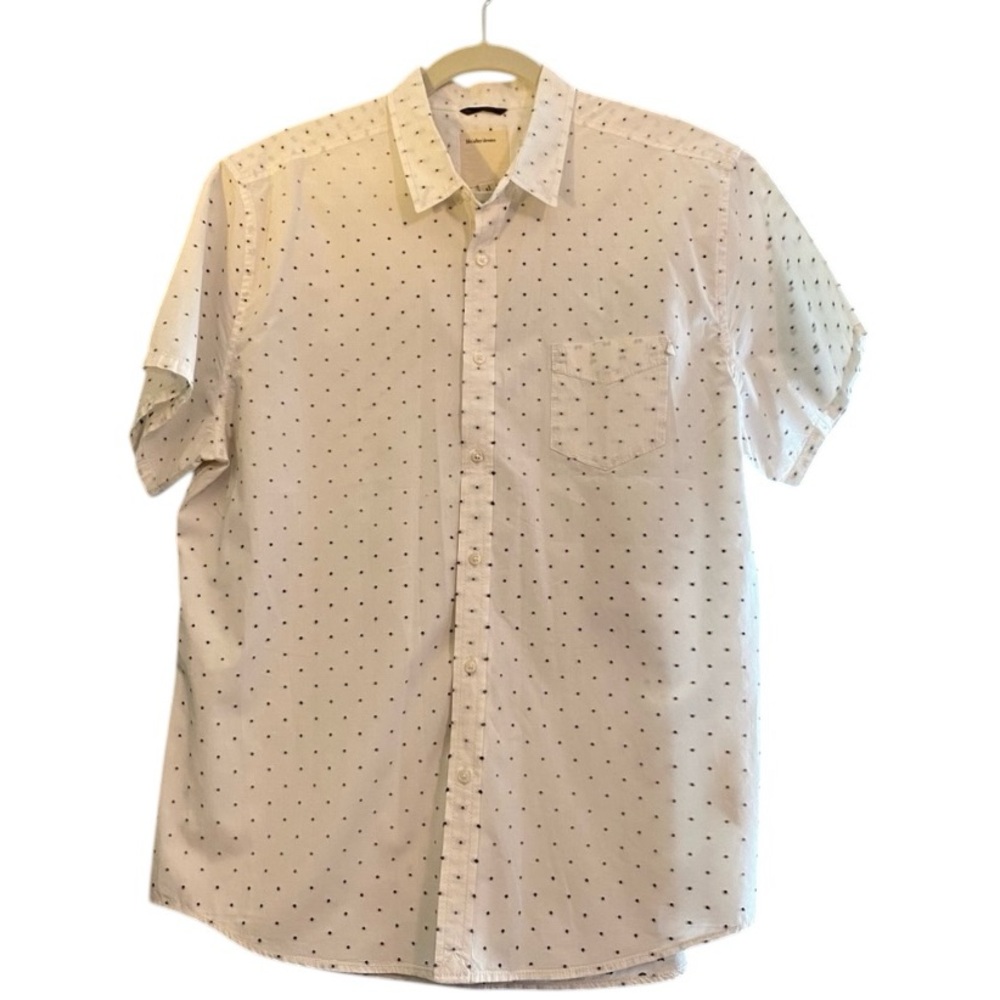 Life After Denim White Black Embroidered Swiss Dot Short Sleeve Button Up Shir…